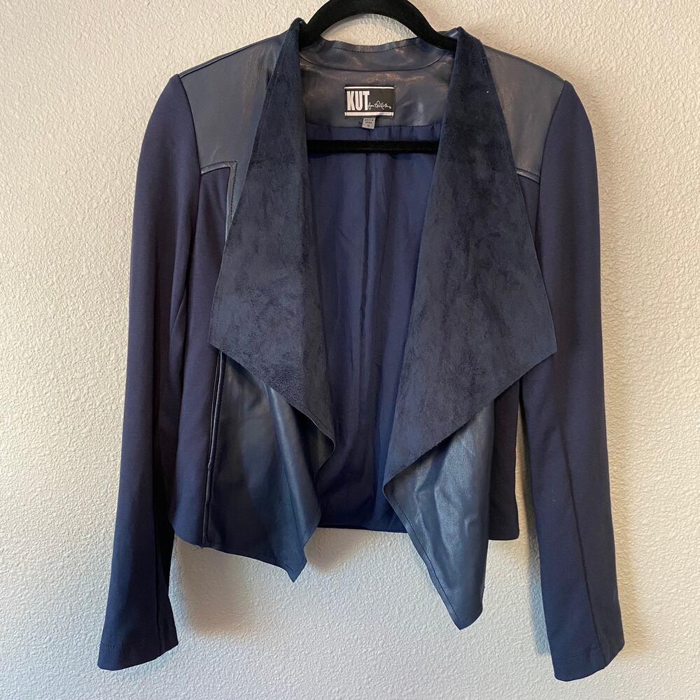 Kut from the Kloth Ana Moto Navy Faux Leather Open Drape Front Womens Jacket Sml